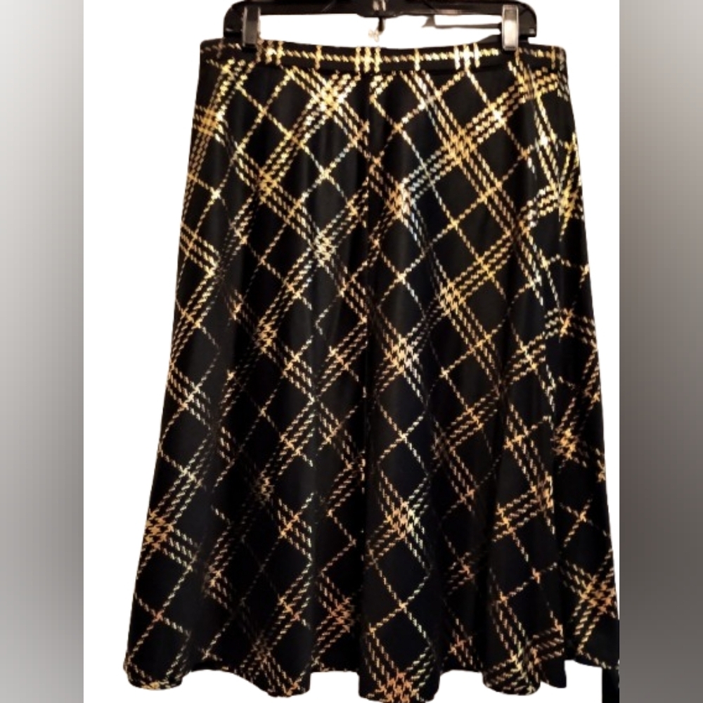 Laura Scott Black And Gold Houndstooth Plaid A‎ Line Skirt Academia Office Siren - Picture 2 of 10